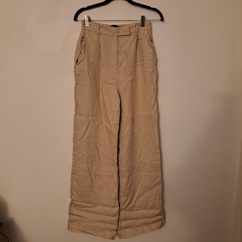 Zara Wide Leg Beige Linen Trousers